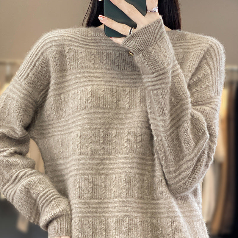 Women Oversize Fine Knit Sweater with Structural Blocks, Mohair Look and Round Neckline Mune Fashion