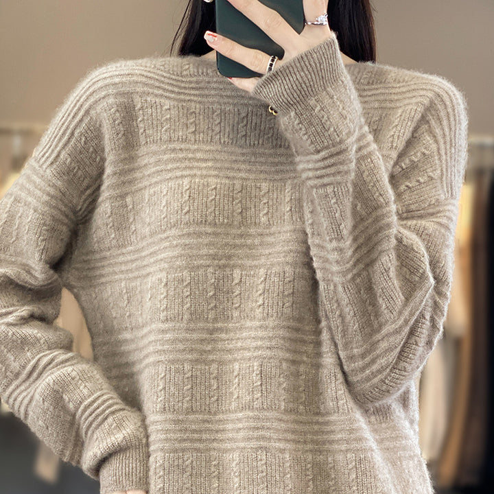 Women Oversize Fine Knit Sweater with Structural Blocks, Mohair Look and Round Neckline Mune Fashion