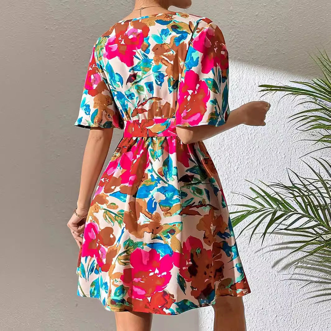 Women's wrap mini dress with deep V-neck, waist lacing, and wide trumpet sleeves Mune Fashion