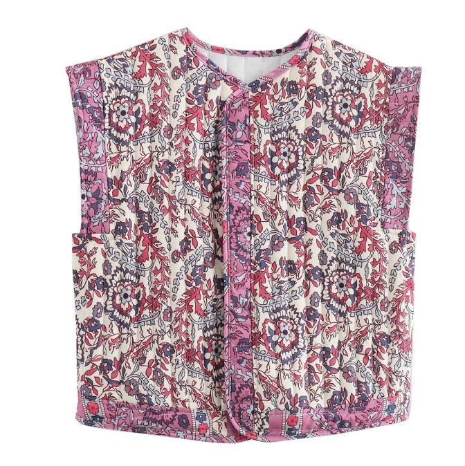 Women's Quilted Vest with Floral Design and Practical Pockets Mune Fashion
