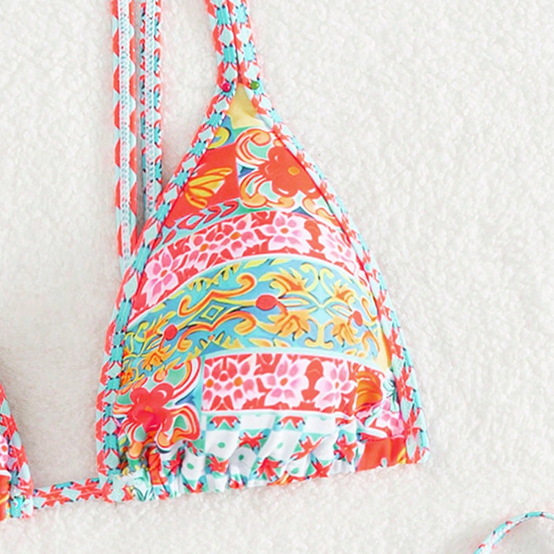 Women's Triangle Bikini with Ruffles and Colorful Floral Pattern Mune Fashion