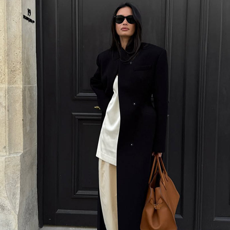Women's Sculptural Midi Coat with Distinctive Shoulder Design and Concealed Button Placket Mune Fashion