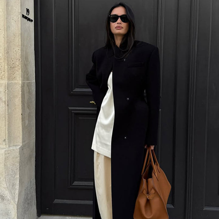 Women's Sculptural Midi Coat with Distinctive Shoulder Design and Concealed Button Placket Mune Fashion