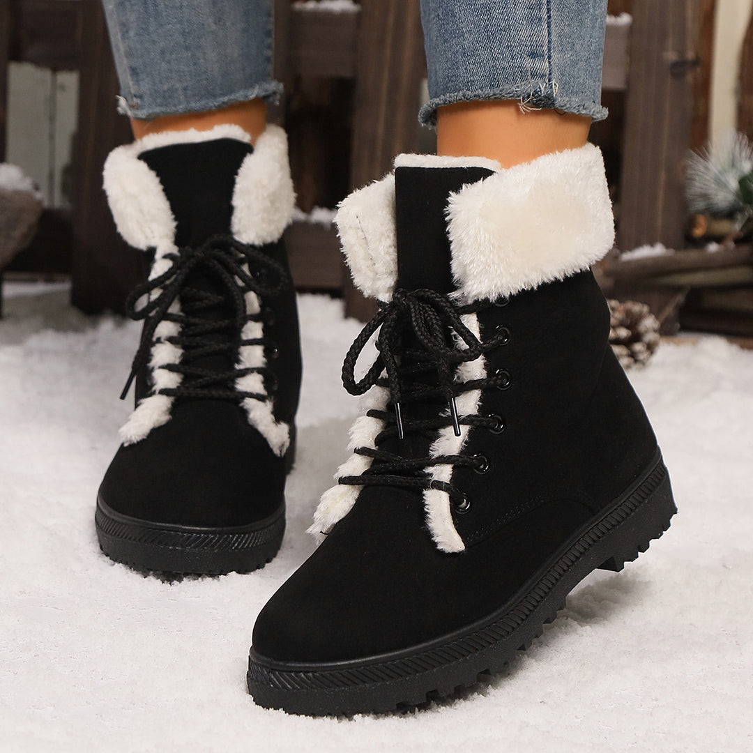 Women's Insulated Lace-Up Boots with Faux Fur Collar and Sturdy Tread Sole Mune Fashion