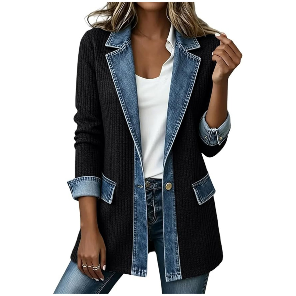 Ladies' knit blazer with denim trim and lapel collar Mune Fashion