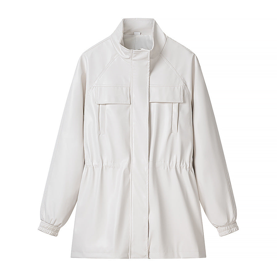 Women's faux leather parka with drawstring waist, stand-up collar, and flap pockets Mune Fashion