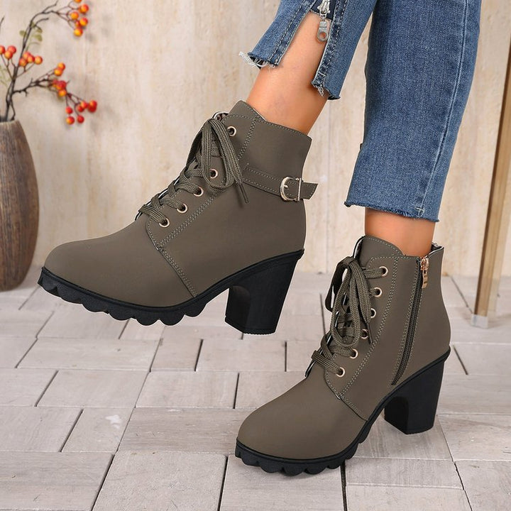 Women ankle-high lace-up ankle boots with side zipper, decorative belt loop, medium-high block heel, and strong-profiled outsole Mune Fashion