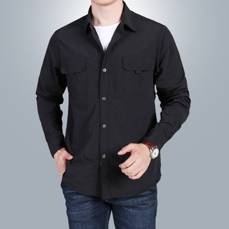Men's lightweight utility long-sleeve shirt with double chest pockets and continuous button placket Mune Fashion