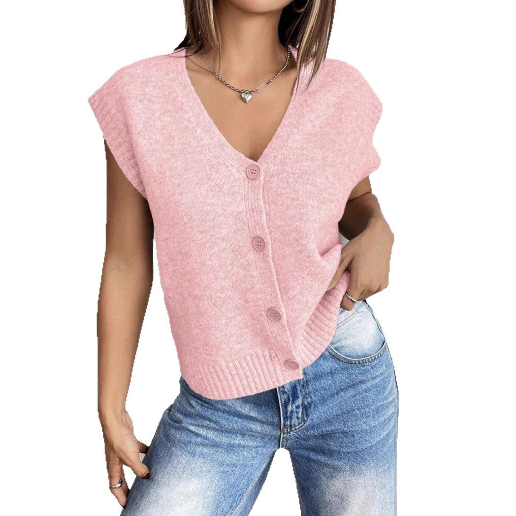 Ladies Knit Vest with V-Neck and Stylish Buttons Mune
