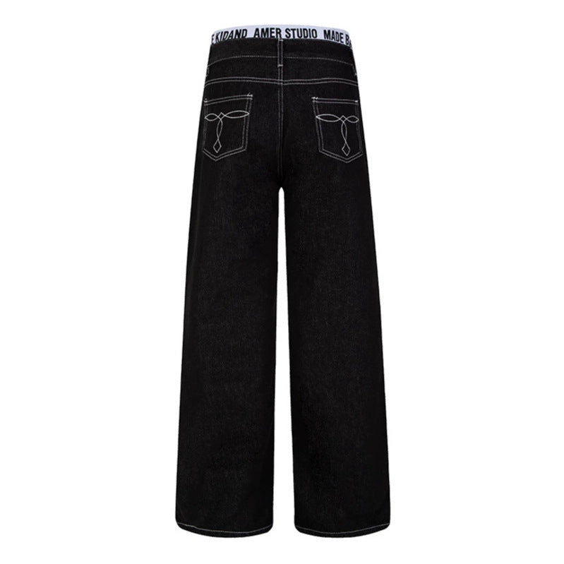 Women Wide High-Waist Denim Pants with Logo Elastic Waistband and Palazzo Silhouette Mune Fashion
