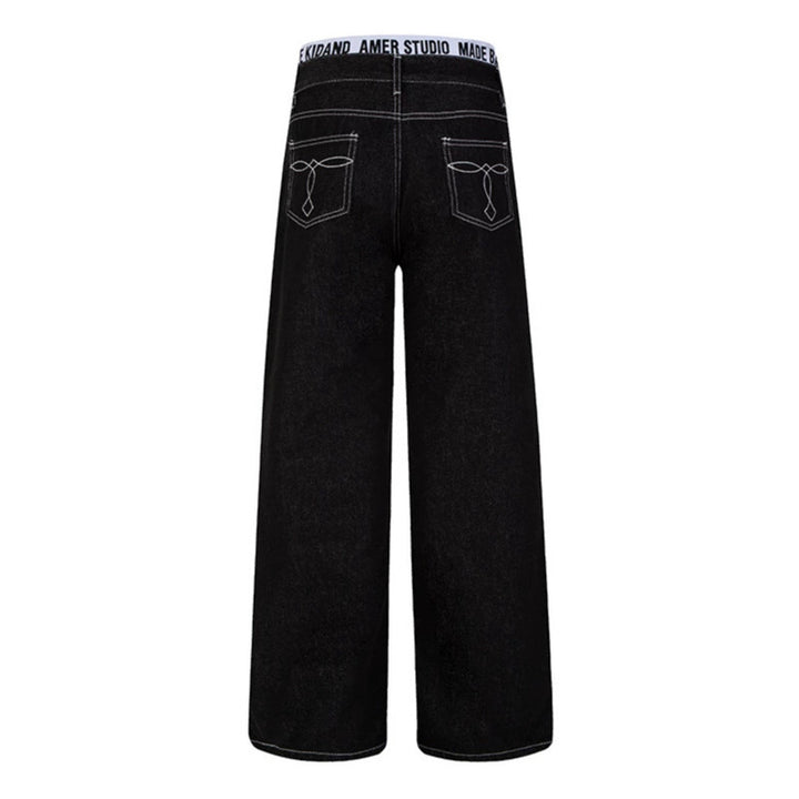 Women Wide High-Waist Denim Pants with Logo Elastic Waistband and Palazzo Silhouette Mune Fashion