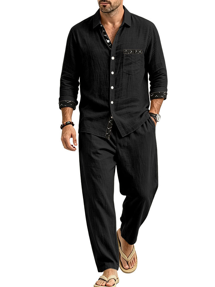 Men's Lightweight Linen Look Casual Set with Shirt and Relax Pants Mune Fashion