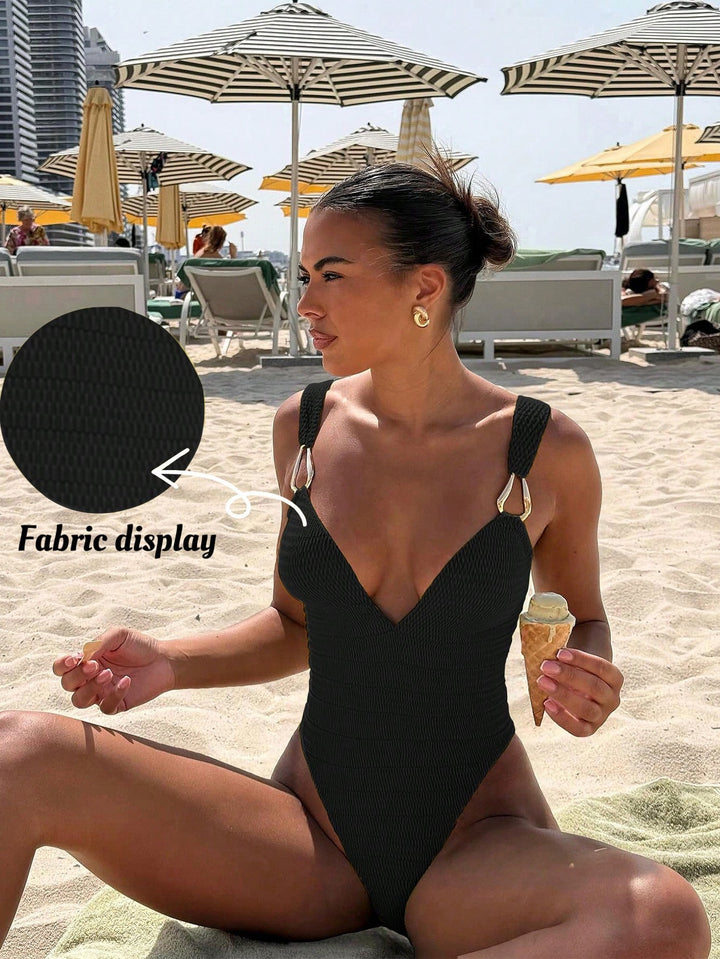 Women One-Piece Swimsuit with Elegant V-Neck and Decorative Straps Mune Fashion
