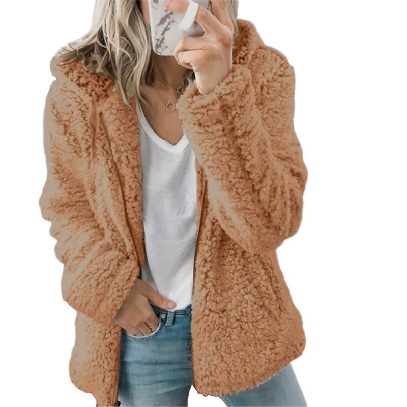 Women's fleece teddy jacket with hood, oversized cut and zipper Mune Fashion