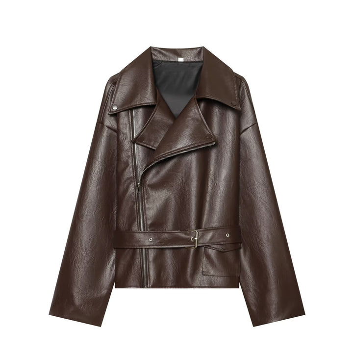 Women's oversized biker jacket made of synthetic leather with a fitted belt and asymmetrical zipper Mune Fashion