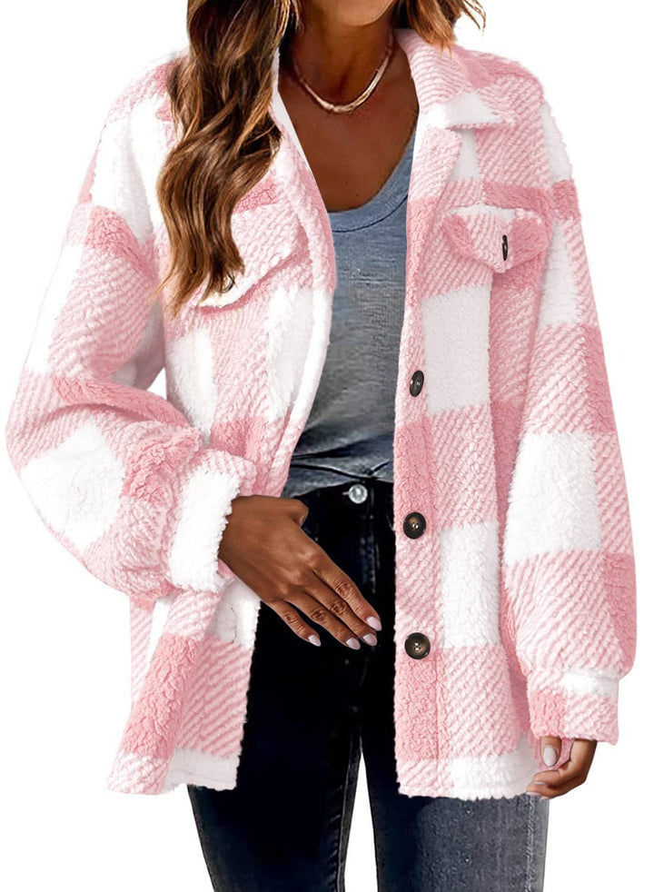 Women's cozy Sherpa check transitional jacket with chest pockets and generous oversized cut Mune Fashion