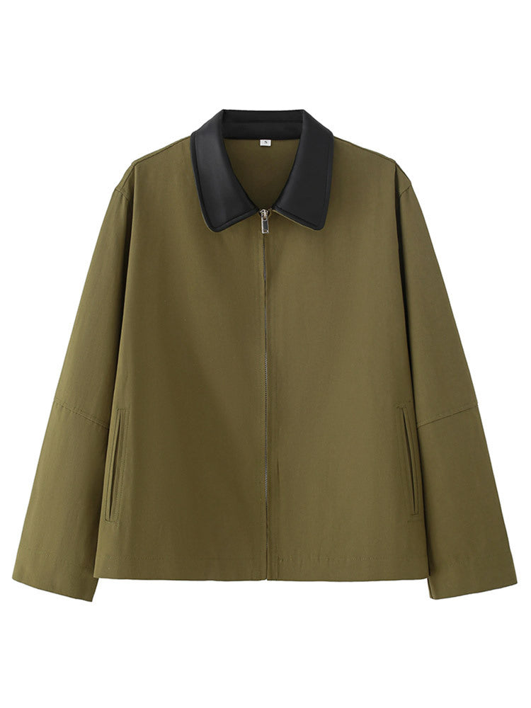 Women's Boxy Transitional Jacket with Contrasting Collar and Concealed Zipper Mune Fashion