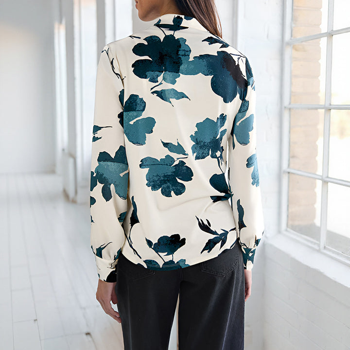 Women's viscose blouse with floral watercolor print, V-neck and cuffed sleeves
