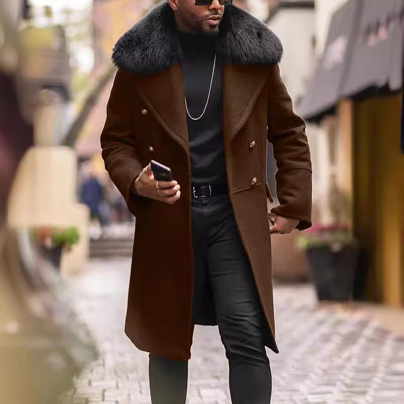 Men's double-breasted wool overcoat with voluminous sheepskin collar and gold decorative buttons Mune Fashion