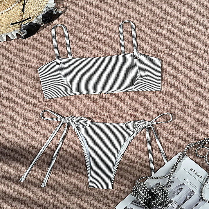 Women's bikini set with fashionable striped pattern and adjustable lacing details Mune Fashion