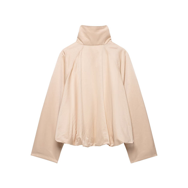 Women Short Satin-Finish Cape Blouson with Wide Raglan Sleeves and High Stand Collar Drune