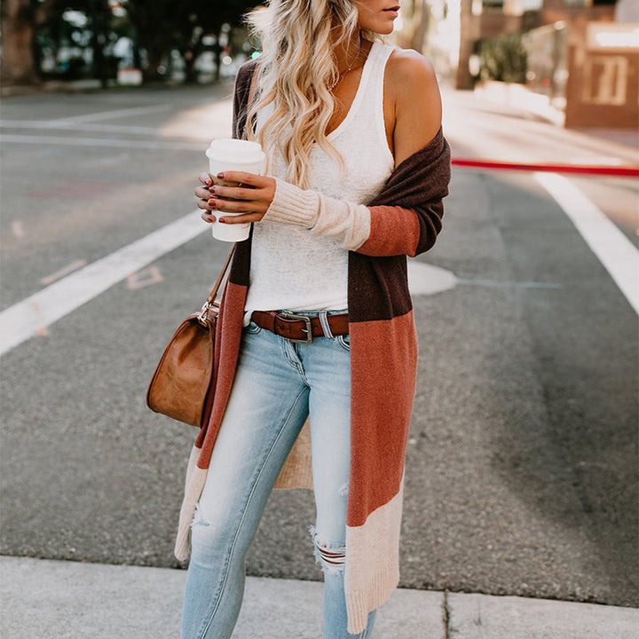 Women's Longline Cardigan with Colorblock Design, Open Front and Ribbed Hem Mune Fashion