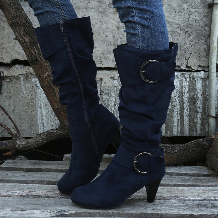 Women’s boots with soft faux suede, slip-on shaft and decorative buckles Mune Fashion