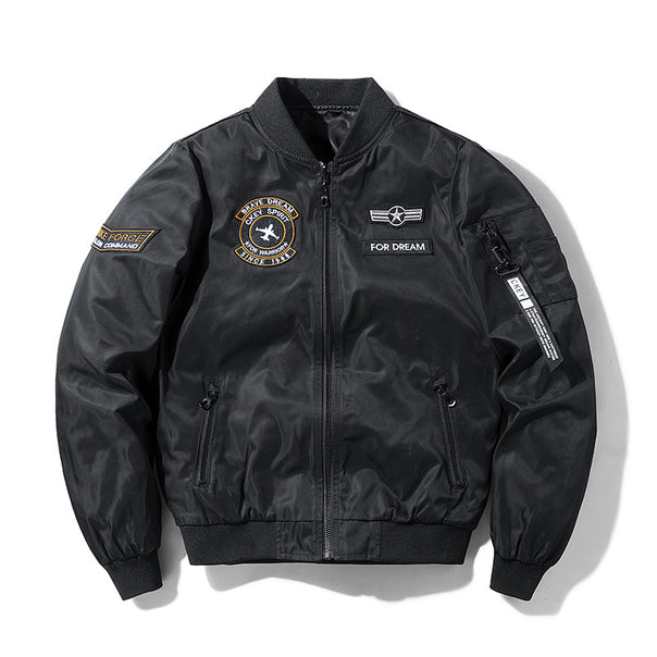 Herren  leichte wasserabweisende Flug-Bomberjacke mit gestickten Flugzeug-Patches und Seitentasche am Arm Mune Fashion