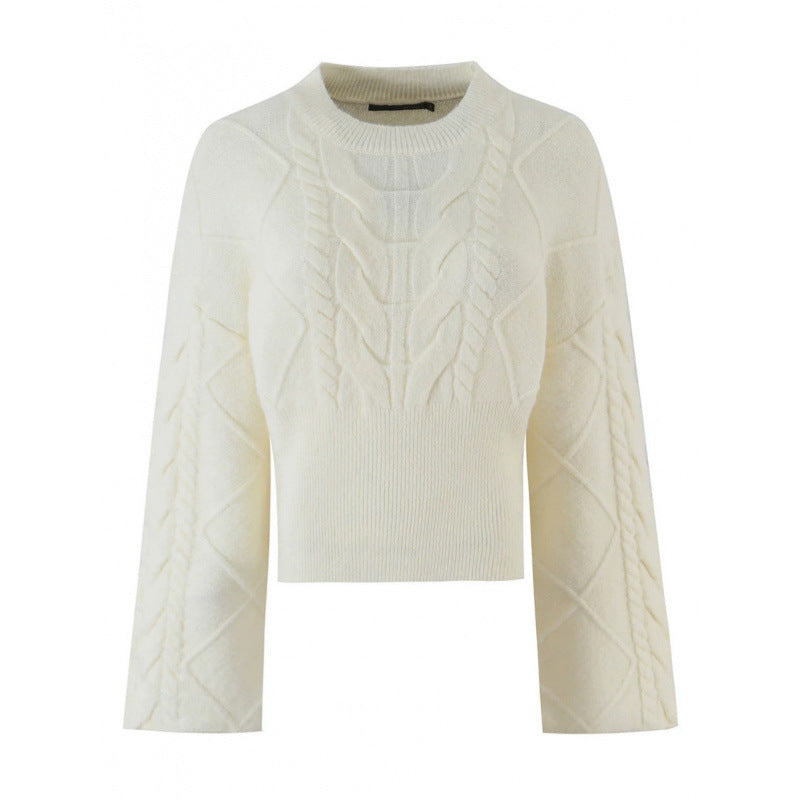 Women's Short-Cut Braided Knit Sweater with Wide Sleeve and Ribbed Hem Mune Fashion