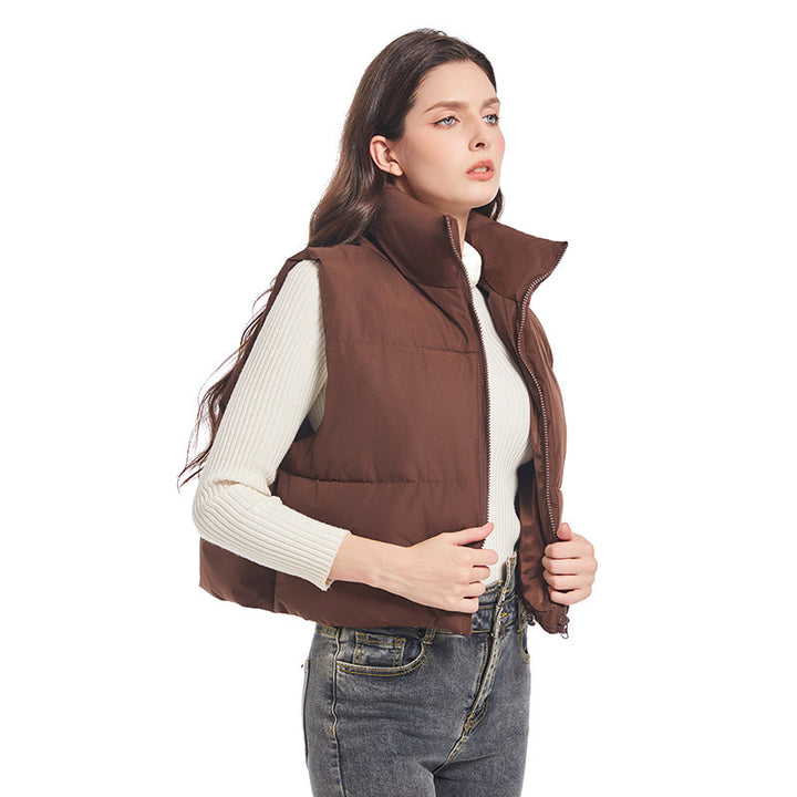 Women’s nan ultra-light short padded vest with high stand-up collar, two-way zipper and adjustable drawstring hem Mune Fashion