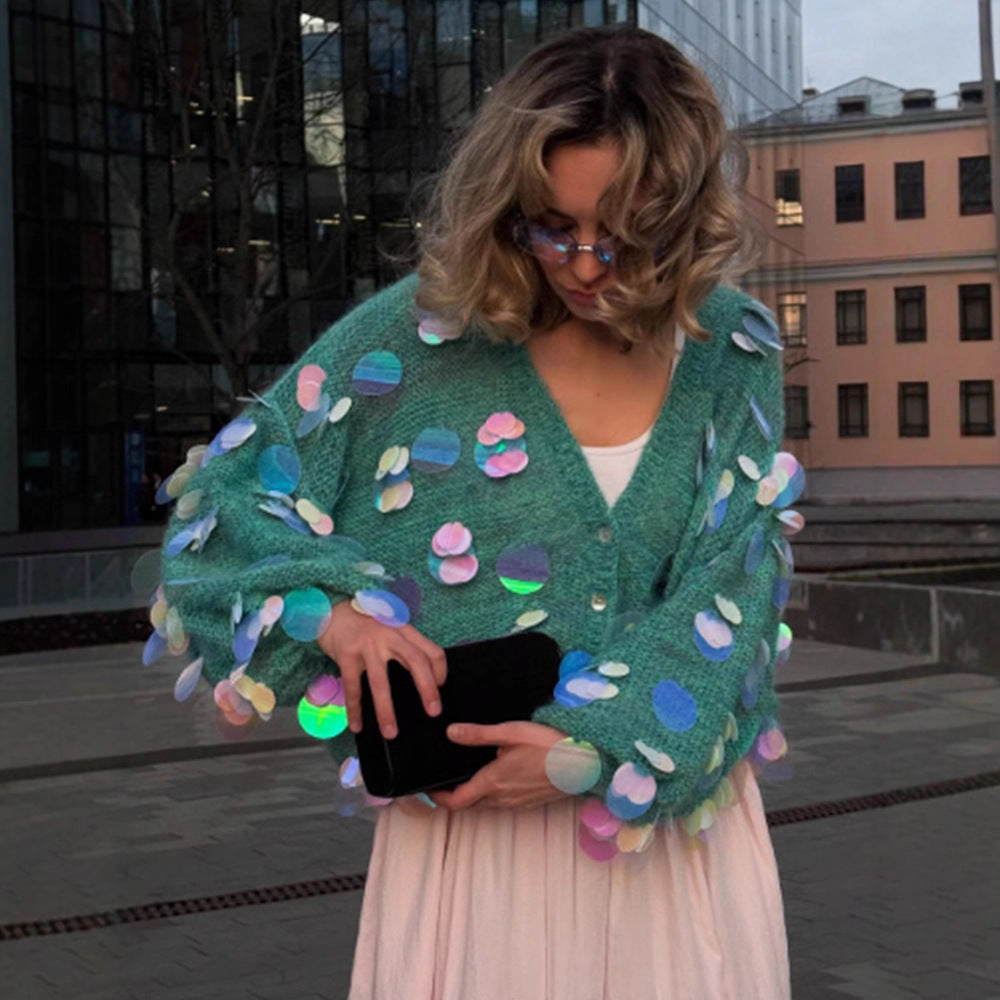 Women's Chunky Knit Mohair Cardigan with Oversized Sequins and Boxy Silhouette Mune Fashion