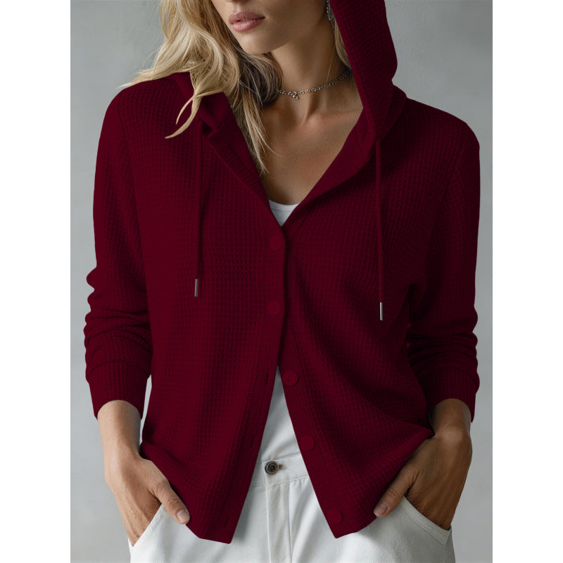 Women's hooded cardigan with waffle texture and button placket Mune Fashion