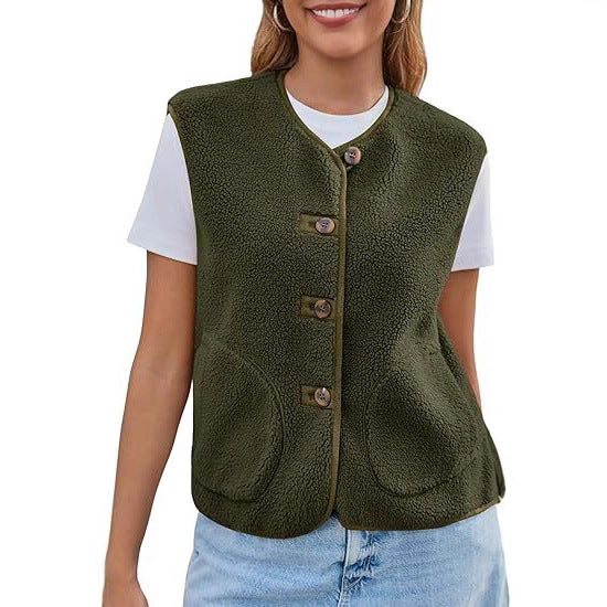 Women's Teddy Fleece Vest with Round Neckline and Button Closure Mune Fashion
