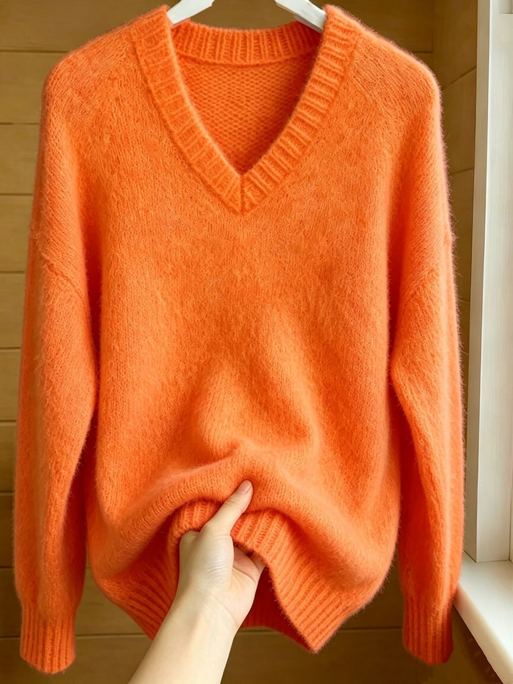 Women Fluffy Mohair-Mix Oversize Sweater with Deep V Neck Mune Fashion
