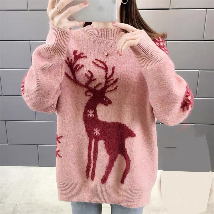 Women's Patterned Knit Sweater with Reindeer Jacquard, Round Neckline and Ribbed Hem Mune Fashion