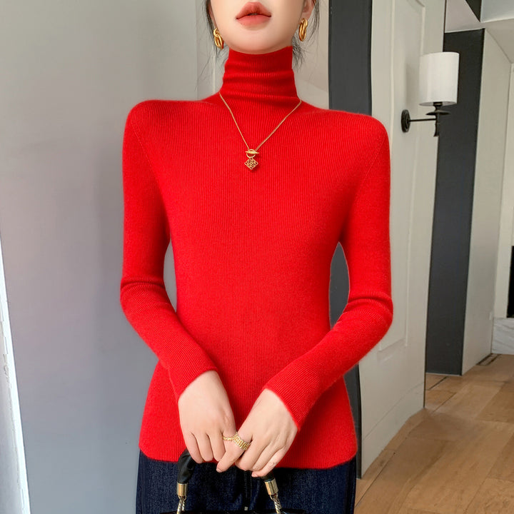 Women Slim Fine Knit Sweater with High Roll Neck and Fine Rib Structure Mune Fashion