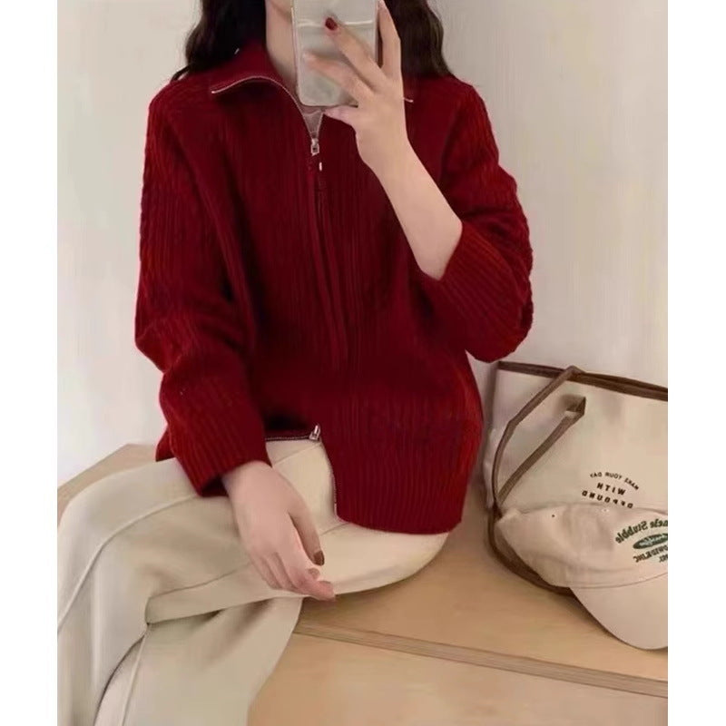 Women's Kastiger Cable Knit Cardigan with Two-Way Zipper, Stand Collar and Wide Ribbed Hem Mune Fashion