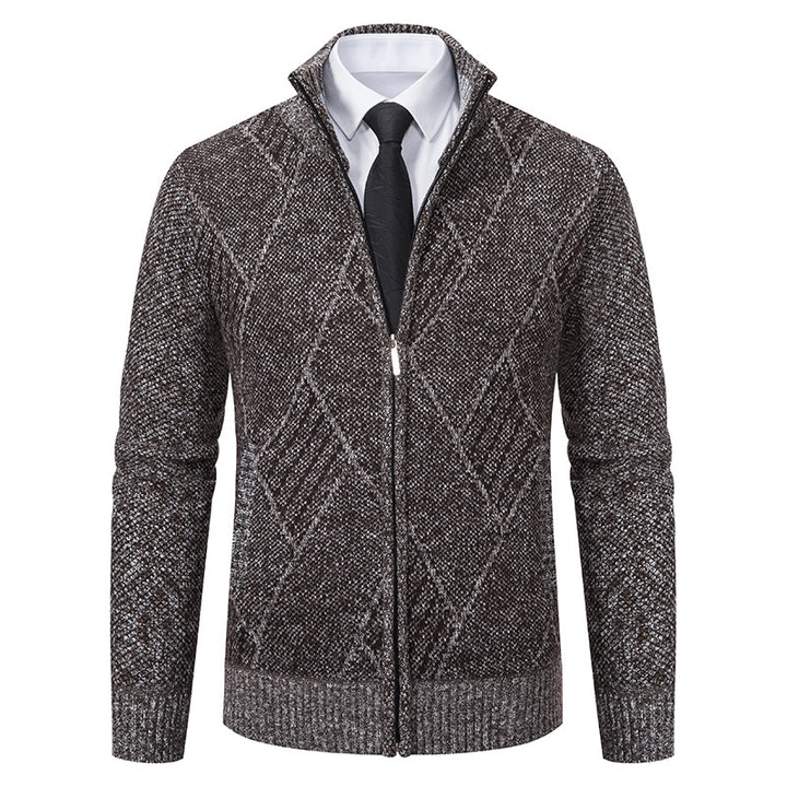 Men's fine knit zip jacket with structured diamond pattern, stand-up collar and continuous zipper Mune Fashion
