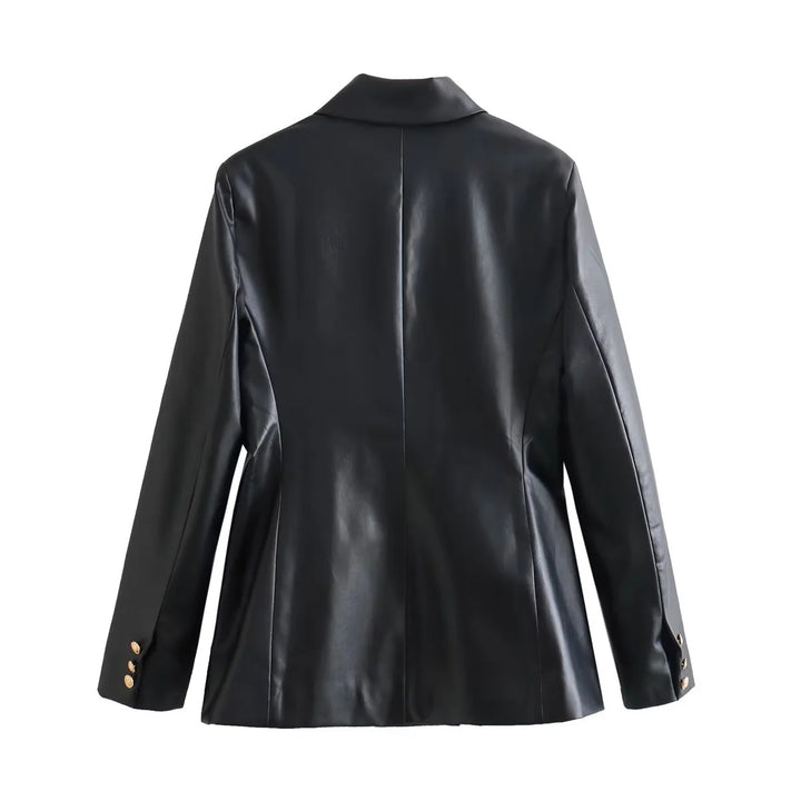 Women's tailored double-breasted blazer made of vegan leather imitation with shawl collar Mune Fashion