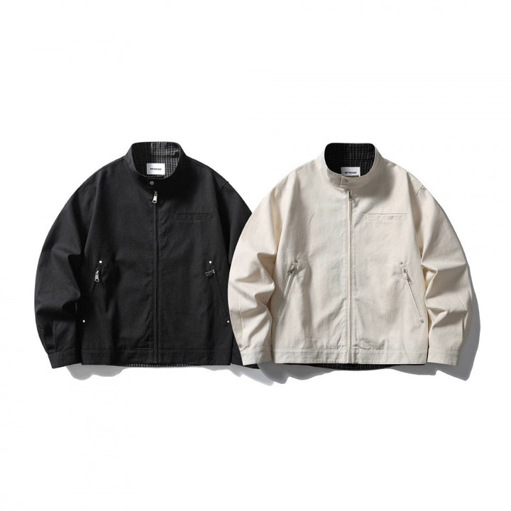 Men's lightweight cotton canvas jacket with stand-up collar and plaid lining Mune Fashion