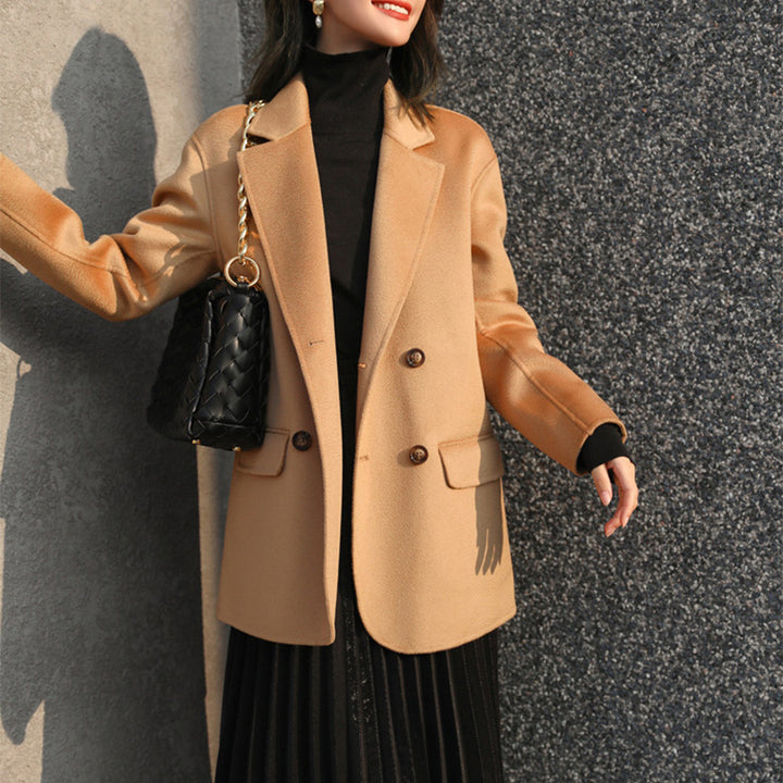 Women Elegant Long Blazer with Double Button Placket Mune Fashion