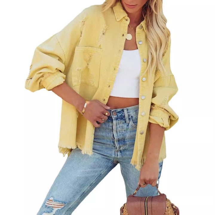 Women's oversized denim jacket with fringes, distressed details and press studs Mune Fashion