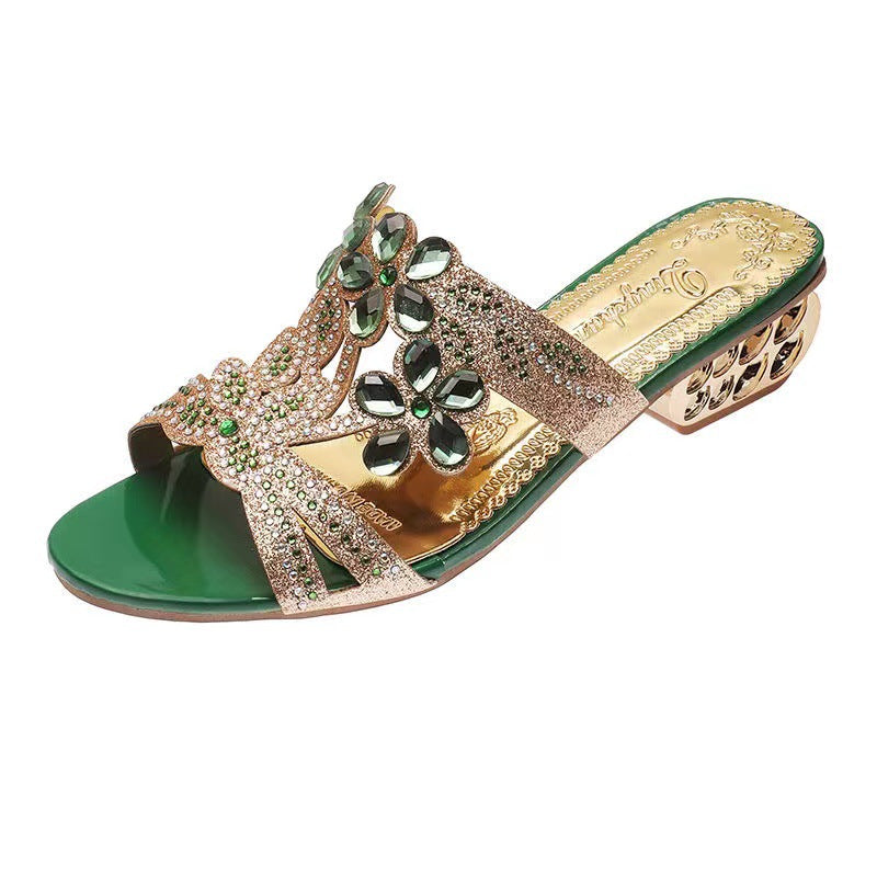 Women's nan embellished strappy sandals with mid-high geometric block heel and crystal flowers Mune Fashion