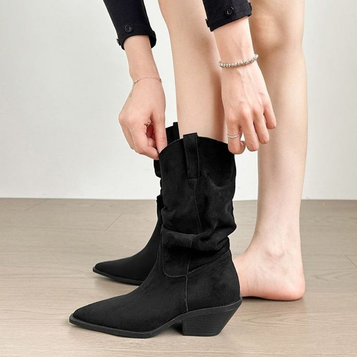 Ladies Slouchy Western Ankle Boots with pointed toe shape and sculpted block heel Mune Fashion