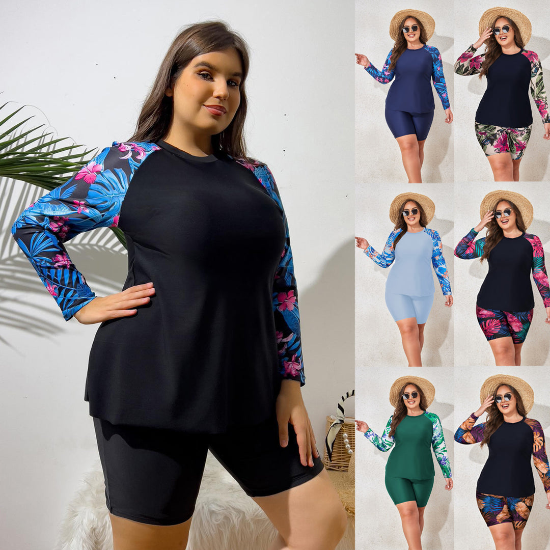 Women's UV Protection Surf Suit Set with Long Sleeves and Colorful Leaf Pattern Mune Fashion