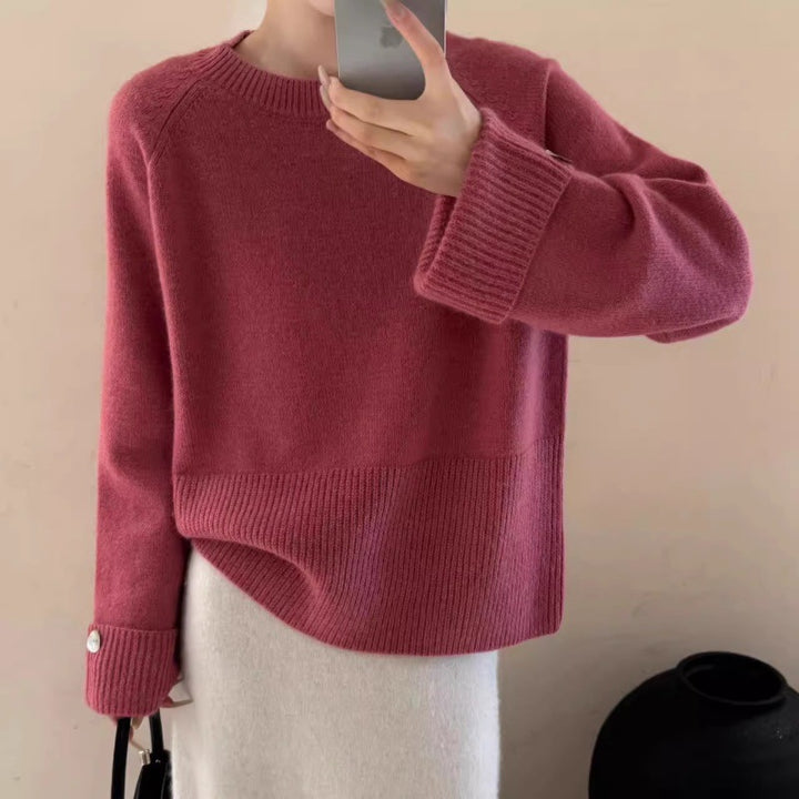 Women's Oversize Crew Neck Sweater with Extended Cuffs and Decorative Button Mune Fashion