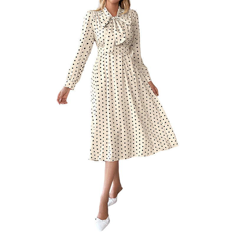 Women Elegant Midi Dress with Bow and Dots Mune Fashion