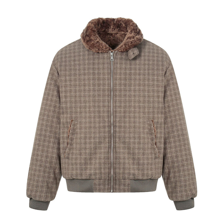 Men's Short Boxy Blouson in Wool Blend with Teddy Collar and Check Quilting Mune Fashion