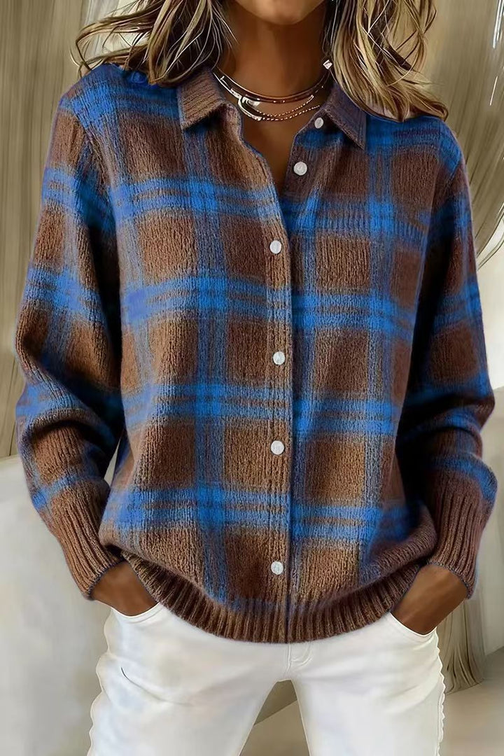Women's Checked Knit Shirt Jacket Cardigan with Shirt Collar and Ribbed Cuffs Mune Fashion