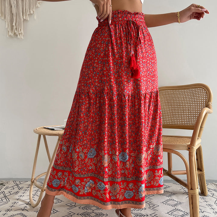 Ladies nan lightweight tiered maxi skirt with elastic ruffle waistband, cord tassel and delicate paisley print Mune Fashion